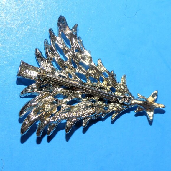 Vintage TANCER II Christmas Tree Brooch Pin Holiday Xmas Rhinestone Gold Tone - Picture 6 of 7